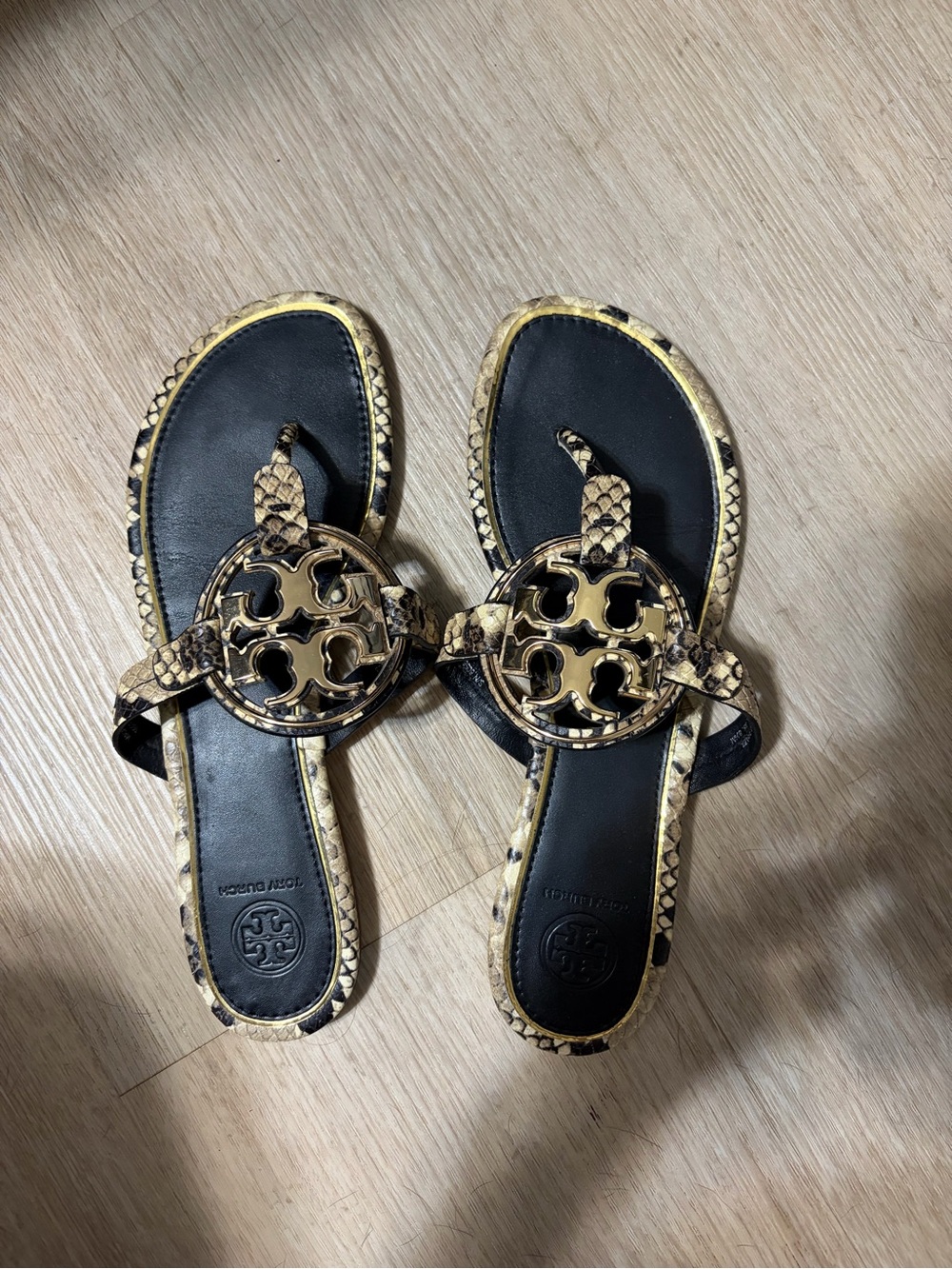 Tory Burch Black & Tan Snake-Print Logo Thong Sandals